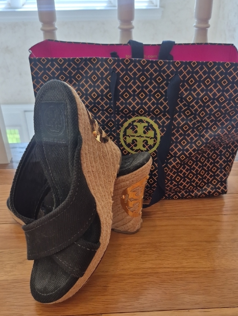 Tory Burch Black and Natural Espadrille Wedge Sandals